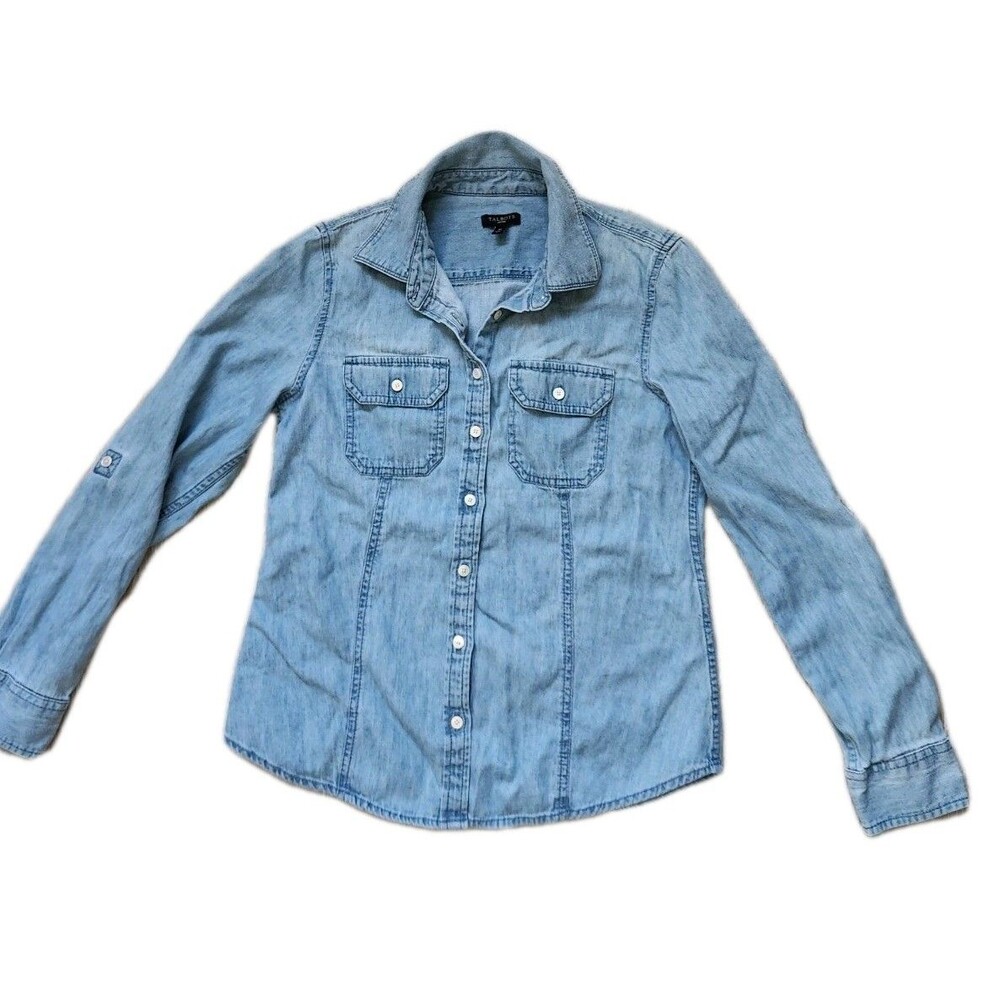 Talbots Petites Chambray Button Front Shirt Light Wash Denim 100% Cotton 4P EUC